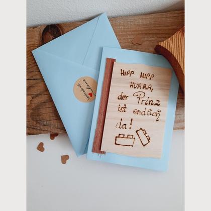 Karte zur Geburt, Legostein, Holz, Herzenswerk