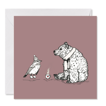 GRUSSKARTE *Bär und Meise* , 14 x 14 cm