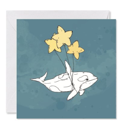 GRUSSKARTE *Wal mit Sternballons* , 14 x 14 cm