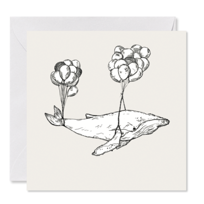 GRUSSKARTE weiß *Wilfried, der fliegende Wal* , 14 x 14 cm