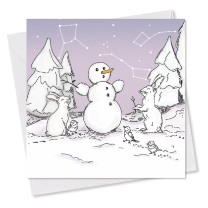 MINI-GRUSSKARTE *Weihnachten* Hasen mit Schneemann, 9x9 cm