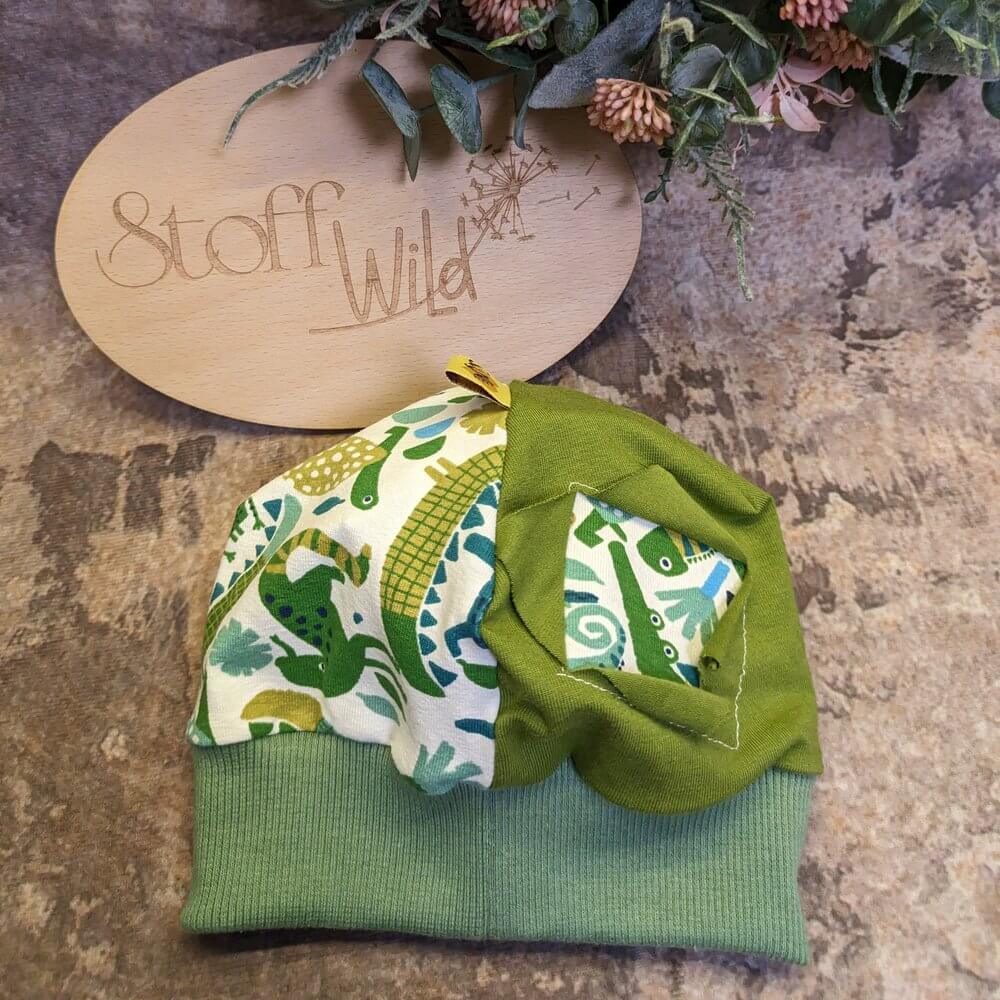 Bündchenhaube grüne Tiere, Gr. S