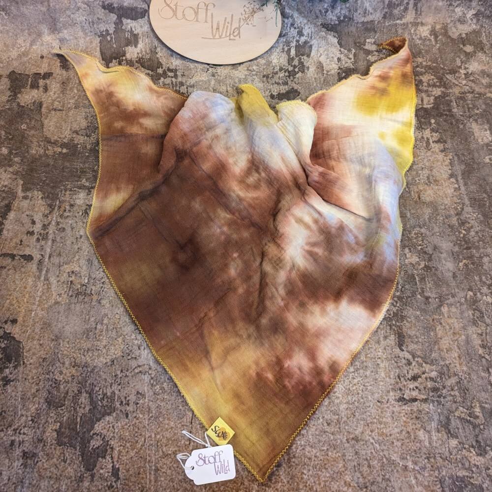 Musselin-Halstuch "Batikmuster braun" mit gelbem Saum, 65x65cm - Image 2