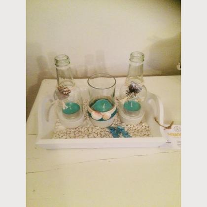 Windlicht Flaschen/Beton auf Tablett