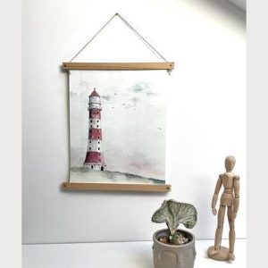 Leuchtturm Kunstdruck mit Holzleiste