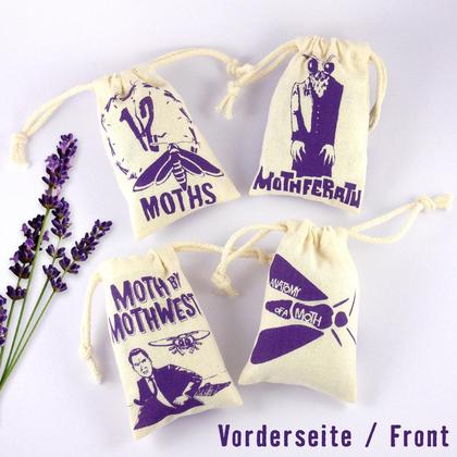 4 Mottensäckchen mit Bio-Lavendel, violetter Druck
