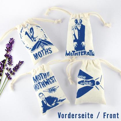 4 Mottensäckchen mit Bio-Lavendel, blauer Druck