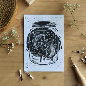 Linoldruck "Jar of Otters" A5