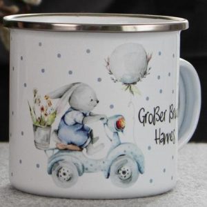 Emaille Becher Häschen am Motorrad, Ostergeschenk
