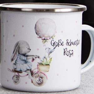 Emaille Becher Häschen am Fahrrad, Ostergeschenk