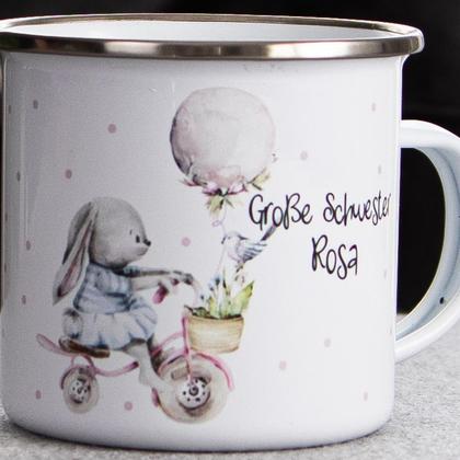 Emaille Becher Häschen am Fahrrad, Ostergeschenk