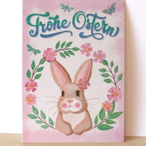 Osterkarte Osterhasen Mädchen mit Frühlingskranz