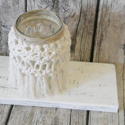 Makramee Teelichtglas groß "weiß" - Image 2