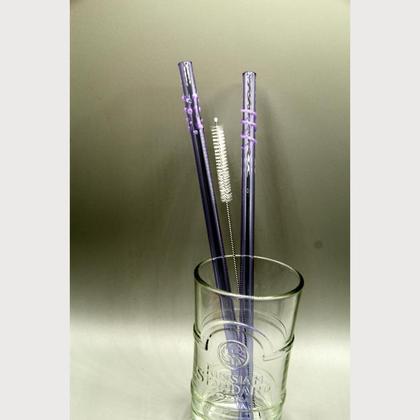 2 Trinkhalm aus Glas bunt inkl. Reinigungsbürste grau, blau oder lila