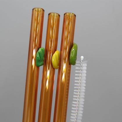 3 topazfarbene Trinkhalm aus Glas mit Blättern