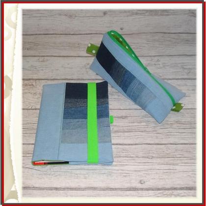 Hülle Notizbuch + Stiftetäschchen "Jeans Kombi grün"