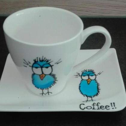 Kaffeetasse mit Untertasse "Coffee-Vogel" blau